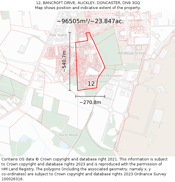 12, BANCROFT DRIVE, AUCKLEY, DONCASTER, DN9 3GQ: Plot and title map