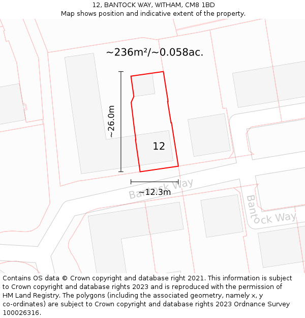 12, BANTOCK WAY, WITHAM, CM8 1BD: Plot and title map