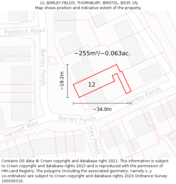 12, BARLEY FIELDS, THORNBURY, BRISTOL, BS35 1AJ: Plot and title map