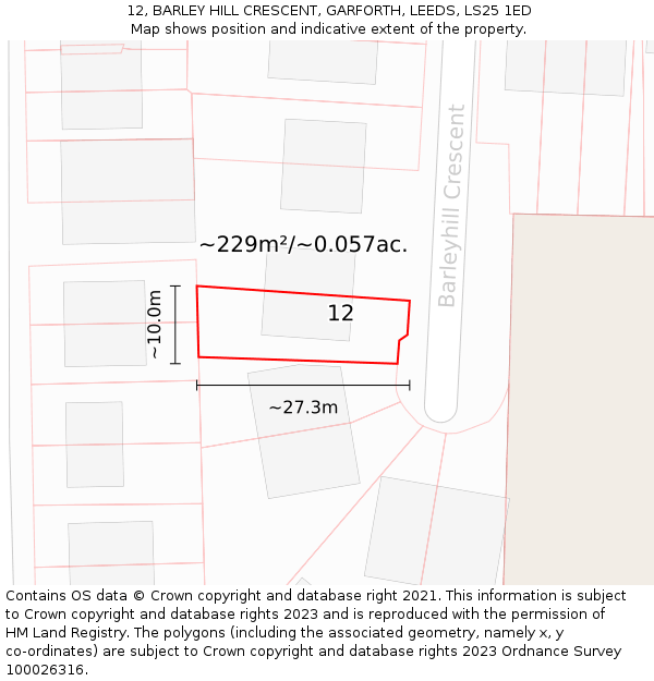 12, BARLEY HILL CRESCENT, GARFORTH, LEEDS, LS25 1ED: Plot and title map