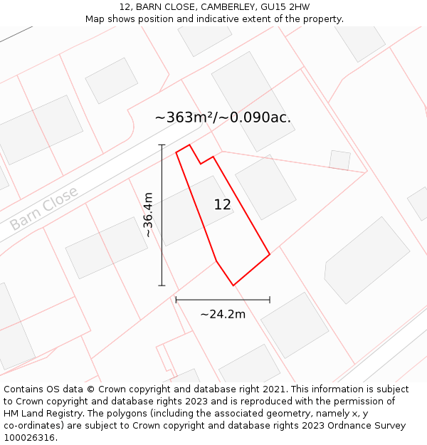 12, BARN CLOSE, CAMBERLEY, GU15 2HW: Plot and title map
