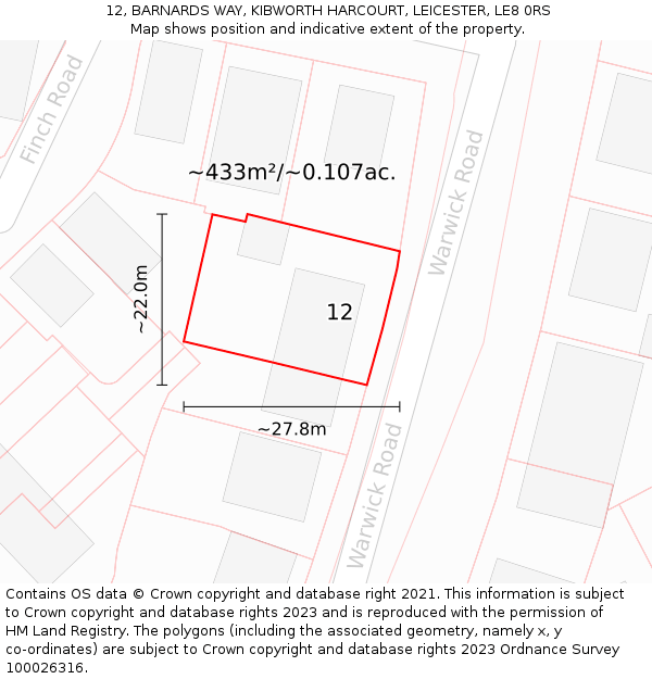 12, BARNARDS WAY, KIBWORTH HARCOURT, LEICESTER, LE8 0RS: Plot and title map