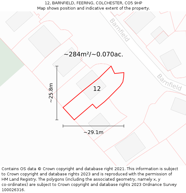 12, BARNFIELD, FEERING, COLCHESTER, CO5 9HP: Plot and title map