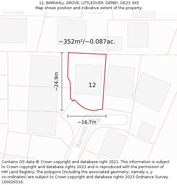 12, BARNHILL GROVE, LITTLEOVER, DERBY, DE23 3XS: Plot and title map
