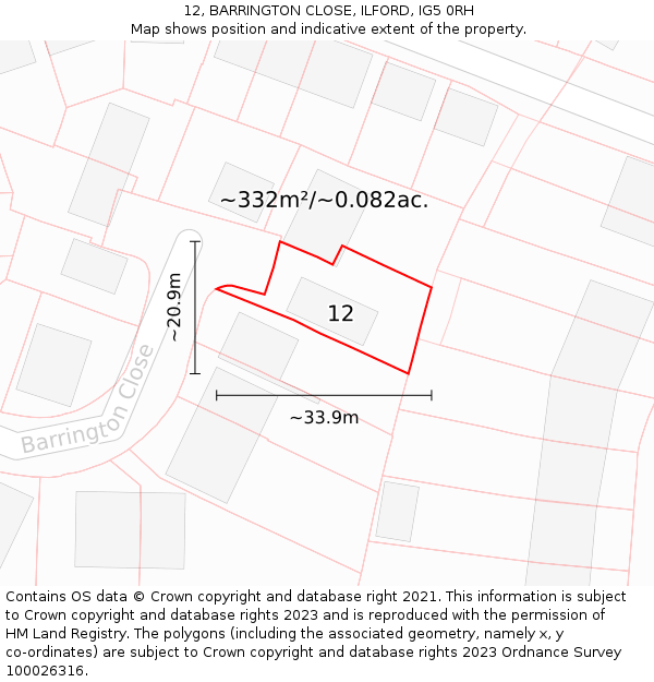 12, BARRINGTON CLOSE, ILFORD, IG5 0RH: Plot and title map