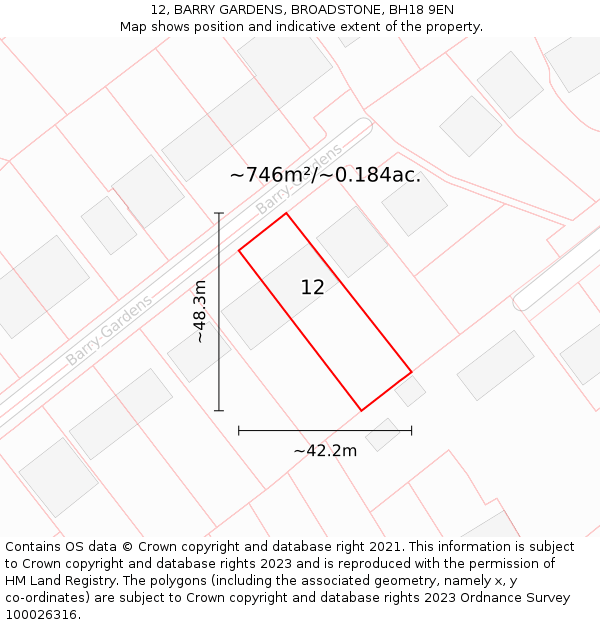 12, BARRY GARDENS, BROADSTONE, BH18 9EN: Plot and title map