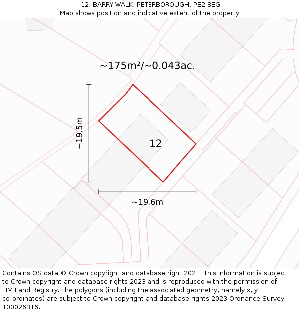 12, BARRY WALK, PETERBOROUGH, PE2 8EG: Plot and title map