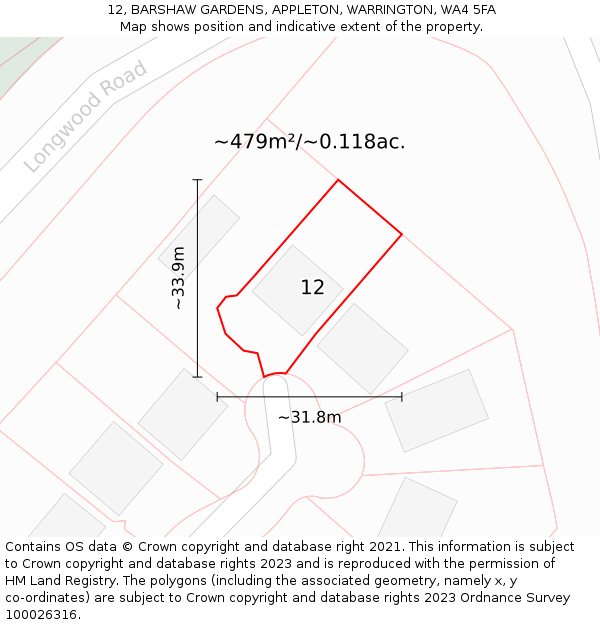 12, BARSHAW GARDENS, APPLETON, WARRINGTON, WA4 5FA: Plot and title map