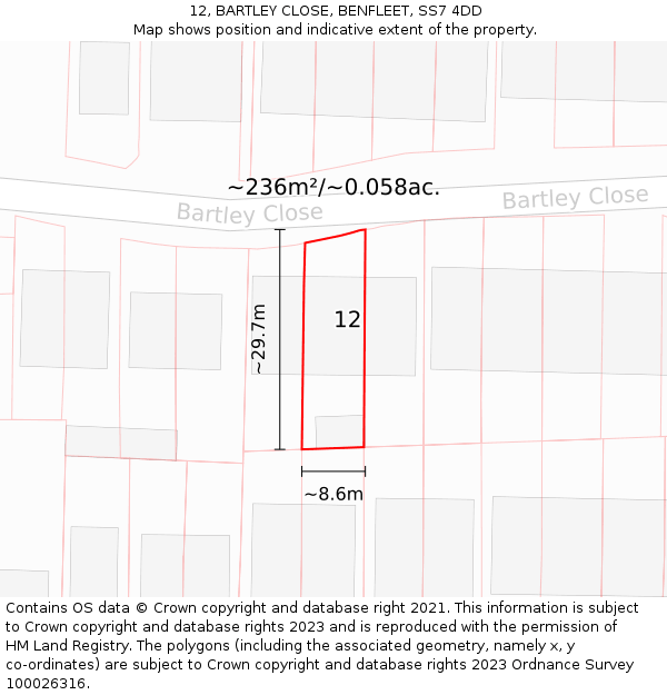 12, BARTLEY CLOSE, BENFLEET, SS7 4DD: Plot and title map
