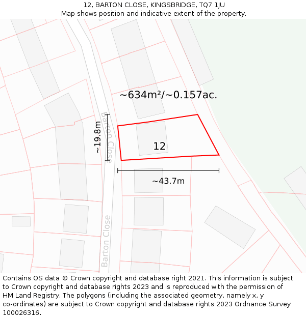12, BARTON CLOSE, KINGSBRIDGE, TQ7 1JU: Plot and title map