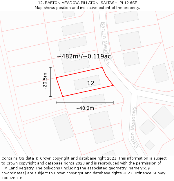 12, BARTON MEADOW, PILLATON, SALTASH, PL12 6SE: Plot and title map