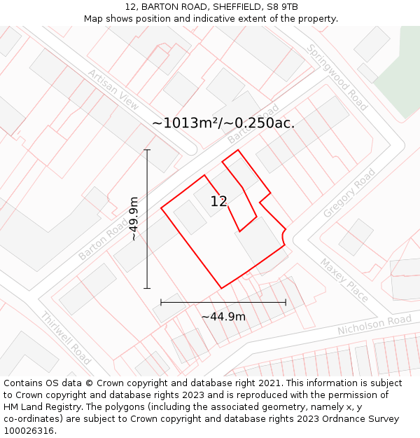 12, BARTON ROAD, SHEFFIELD, S8 9TB: Plot and title map