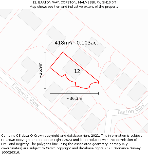 12, BARTON WAY, CORSTON, MALMESBURY, SN16 0JT: Plot and title map
