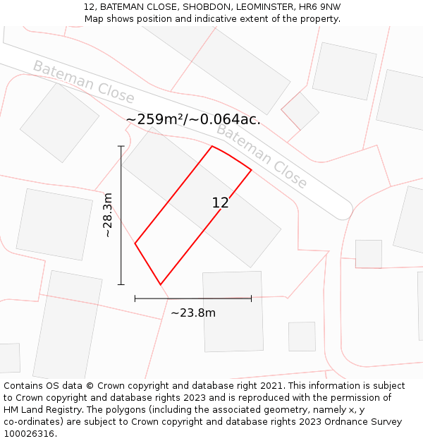 12, BATEMAN CLOSE, SHOBDON, LEOMINSTER, HR6 9NW: Plot and title map