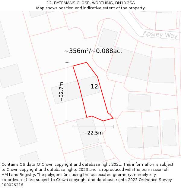 12, BATEMANS CLOSE, WORTHING, BN13 3SA: Plot and title map