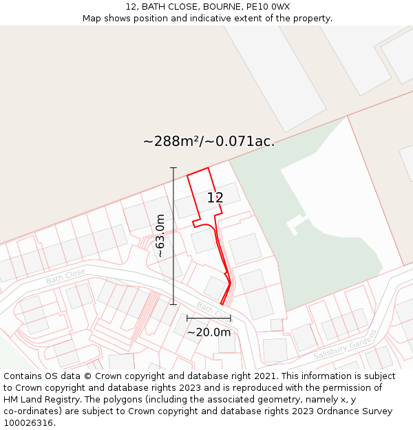 12, BATH CLOSE, BOURNE, PE10 0WX: Plot and title map