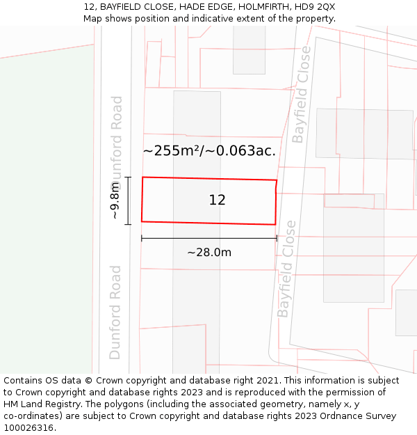 12, BAYFIELD CLOSE, HADE EDGE, HOLMFIRTH, HD9 2QX: Plot and title map