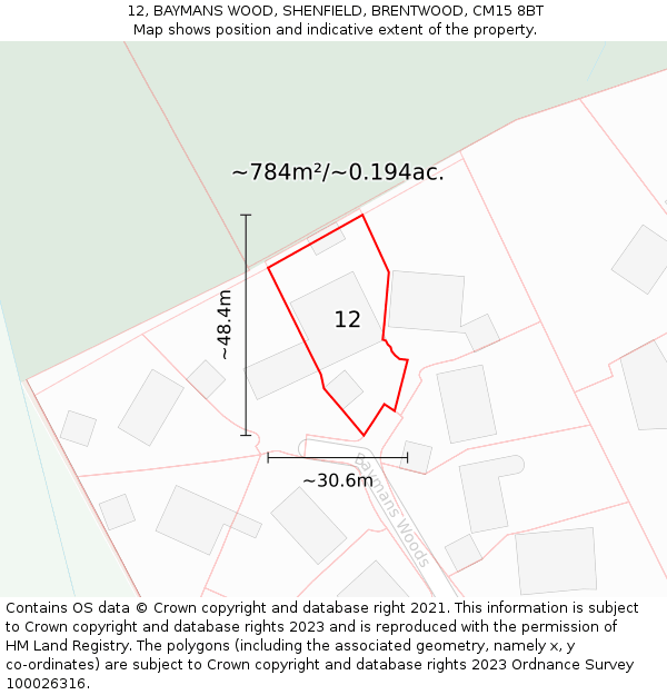 12, BAYMANS WOOD, SHENFIELD, BRENTWOOD, CM15 8BT: Plot and title map