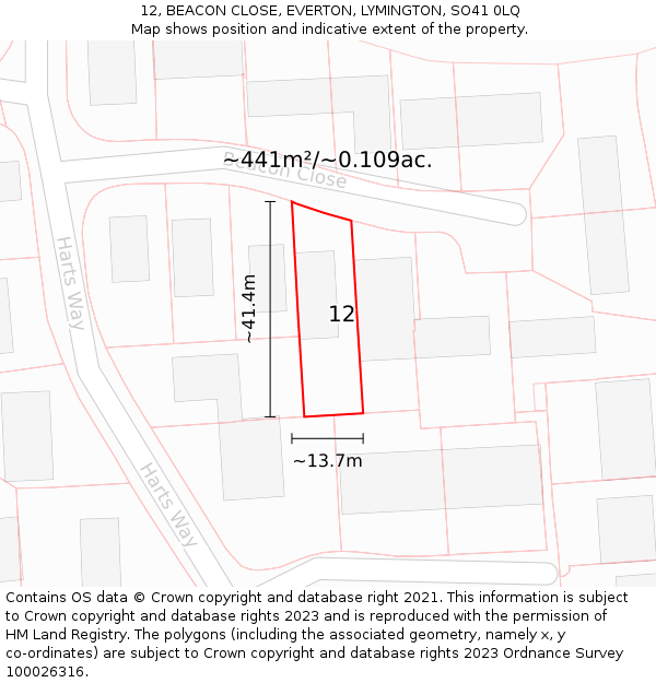 12, BEACON CLOSE, EVERTON, LYMINGTON, SO41 0LQ: Plot and title map