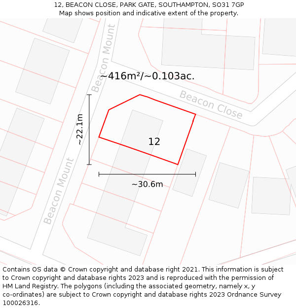 12, BEACON CLOSE, PARK GATE, SOUTHAMPTON, SO31 7GP: Plot and title map