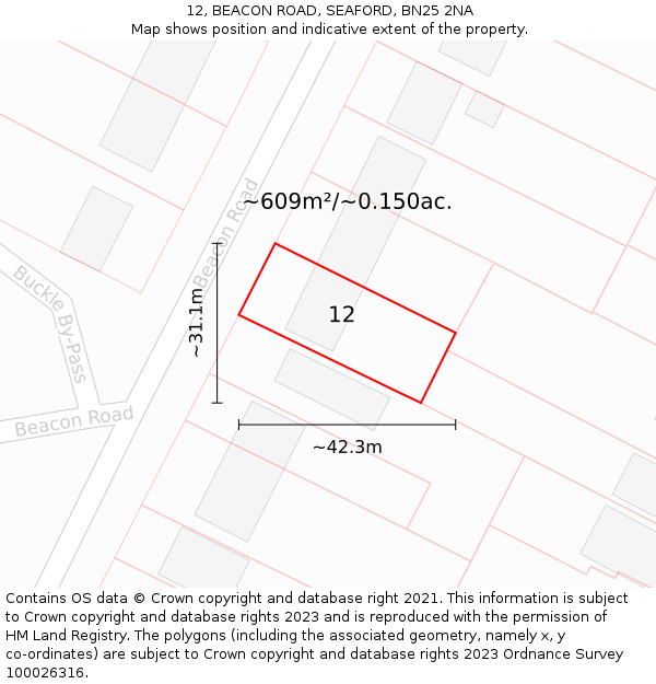 12, BEACON ROAD, SEAFORD, BN25 2NA: Plot and title map