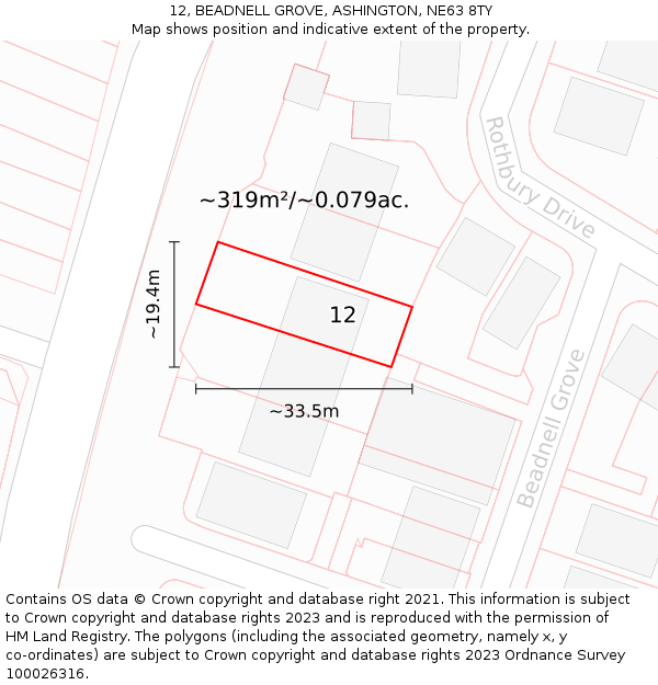 12, BEADNELL GROVE, ASHINGTON, NE63 8TY: Plot and title map