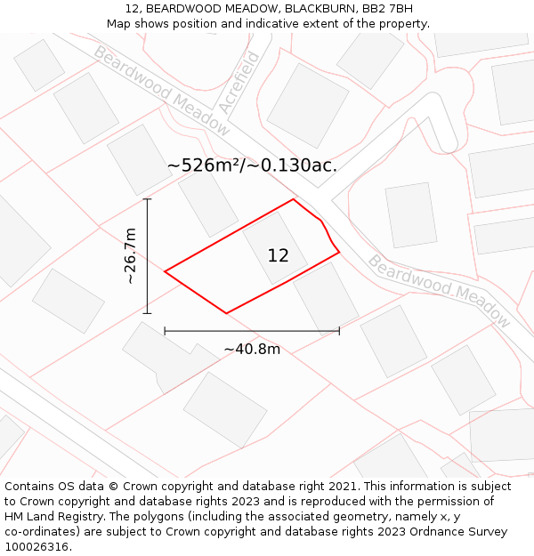 12, BEARDWOOD MEADOW, BLACKBURN, BB2 7BH: Plot and title map