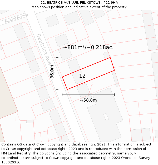 12, BEATRICE AVENUE, FELIXSTOWE, IP11 9HA: Plot and title map