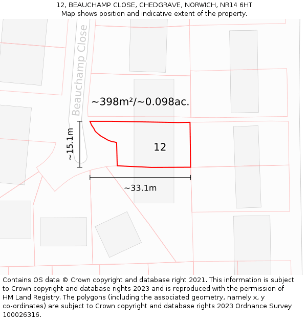 12, BEAUCHAMP CLOSE, CHEDGRAVE, NORWICH, NR14 6HT: Plot and title map