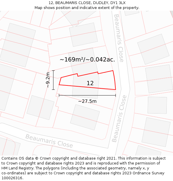 12, BEAUMARIS CLOSE, DUDLEY, DY1 3LX: Plot and title map