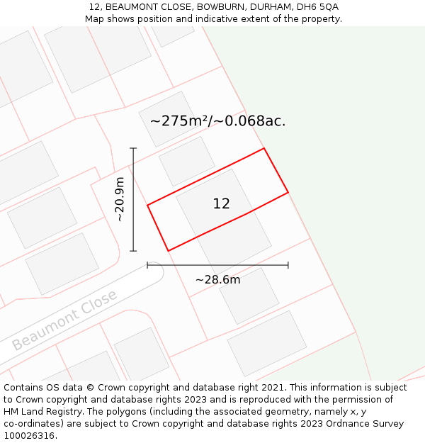 12, BEAUMONT CLOSE, BOWBURN, DURHAM, DH6 5QA: Plot and title map