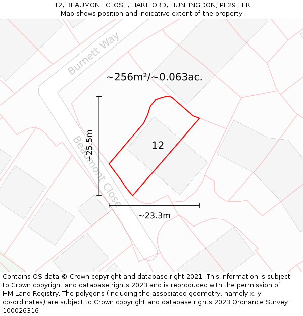 12, BEAUMONT CLOSE, HARTFORD, HUNTINGDON, PE29 1ER: Plot and title map