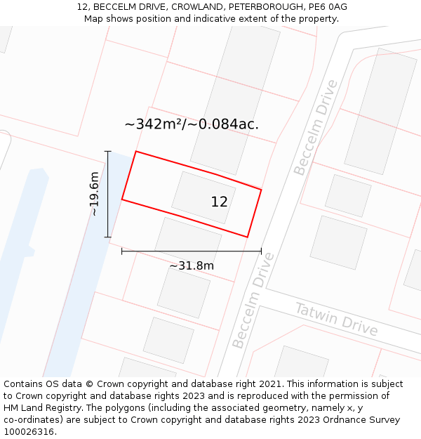 12, BECCELM DRIVE, CROWLAND, PETERBOROUGH, PE6 0AG: Plot and title map