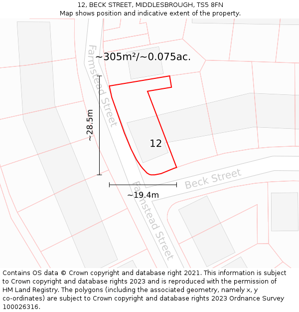 12, BECK STREET, MIDDLESBROUGH, TS5 8FN: Plot and title map