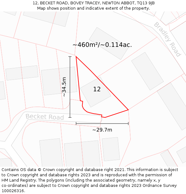 12, BECKET ROAD, BOVEY TRACEY, NEWTON ABBOT, TQ13 9JB: Plot and title map