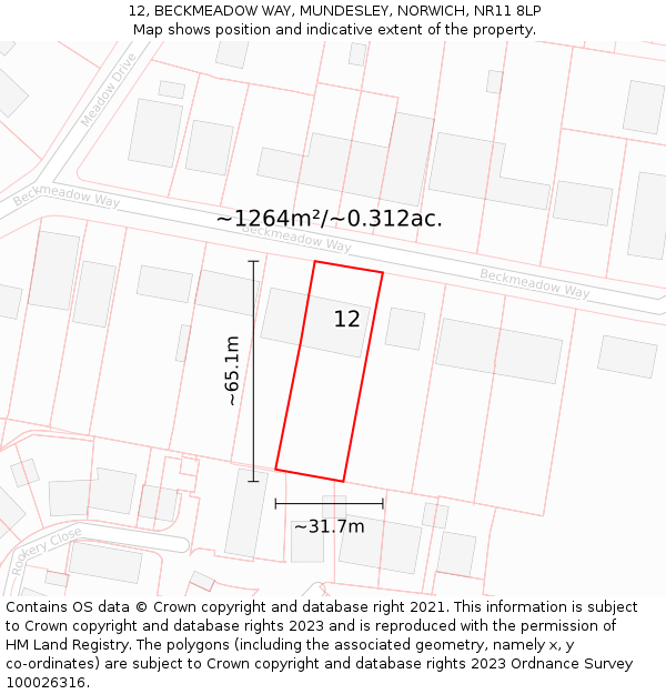 12, BECKMEADOW WAY, MUNDESLEY, NORWICH, NR11 8LP: Plot and title map