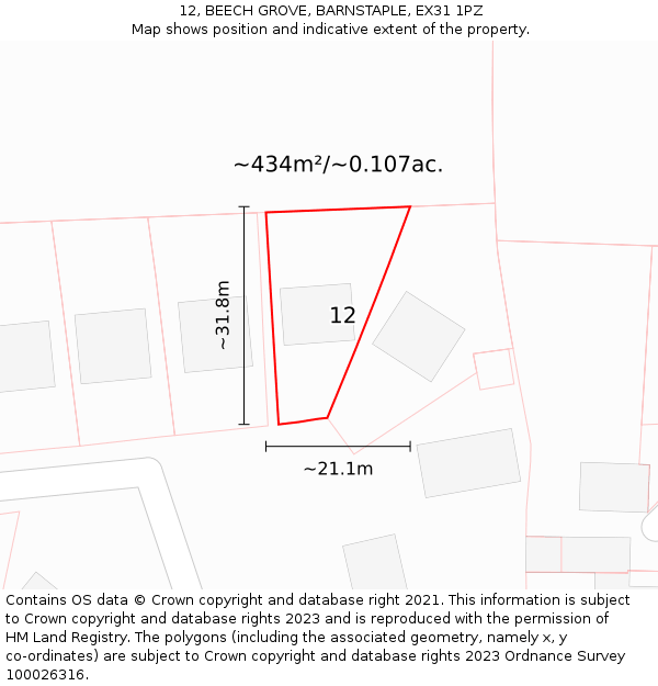 12, BEECH GROVE, BARNSTAPLE, EX31 1PZ: Plot and title map