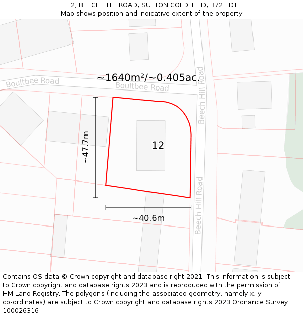 12, BEECH HILL ROAD, SUTTON COLDFIELD, B72 1DT: Plot and title map