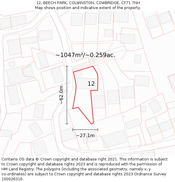 12, BEECH PARK, COLWINSTON, COWBRIDGE, CF71 7NH: Plot and title map