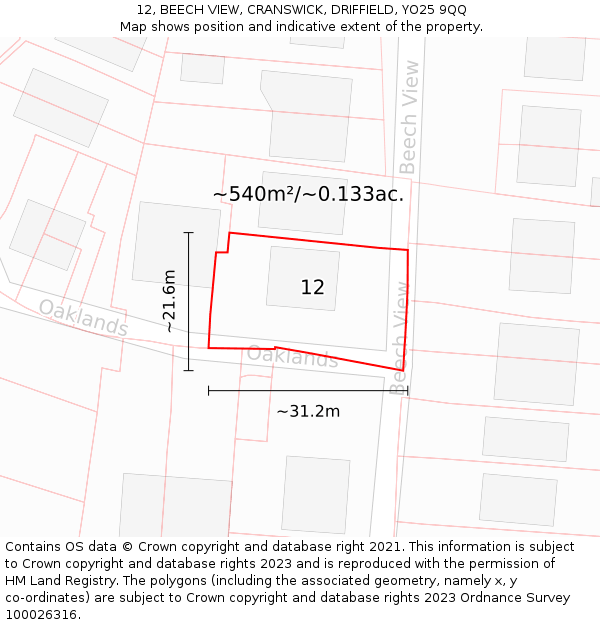 12, BEECH VIEW, CRANSWICK, DRIFFIELD, YO25 9QQ: Plot and title map