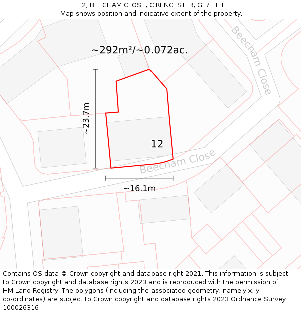 12, BEECHAM CLOSE, CIRENCESTER, GL7 1HT: Plot and title map