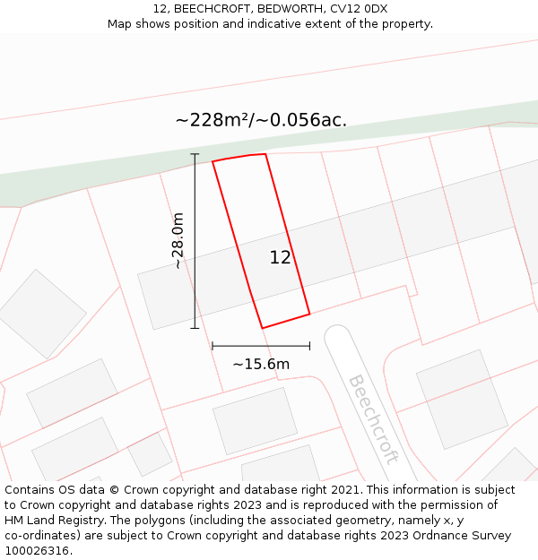 12, BEECHCROFT, BEDWORTH, CV12 0DX: Plot and title map