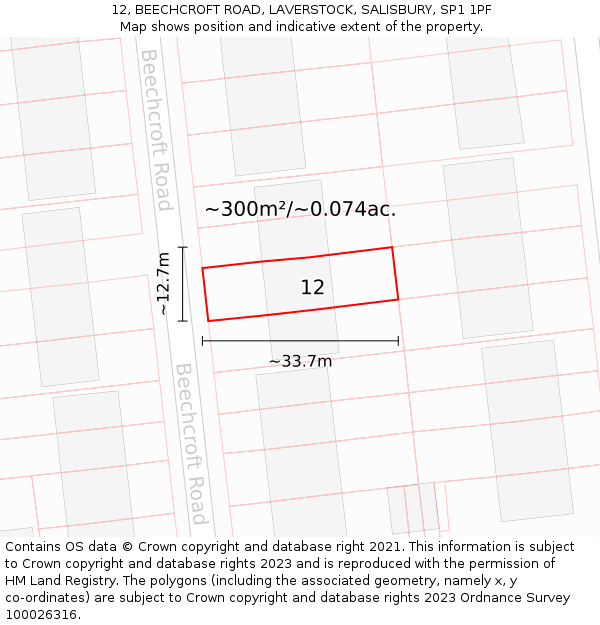 12, BEECHCROFT ROAD, LAVERSTOCK, SALISBURY, SP1 1PF: Plot and title map