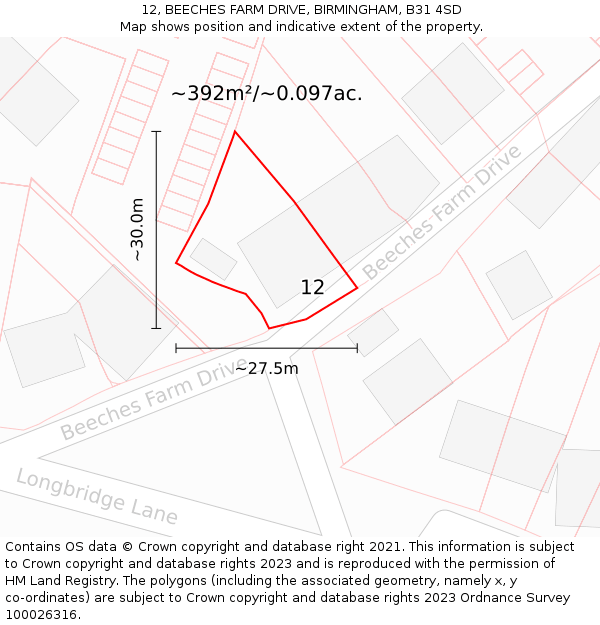 12, BEECHES FARM DRIVE, BIRMINGHAM, B31 4SD: Plot and title map
