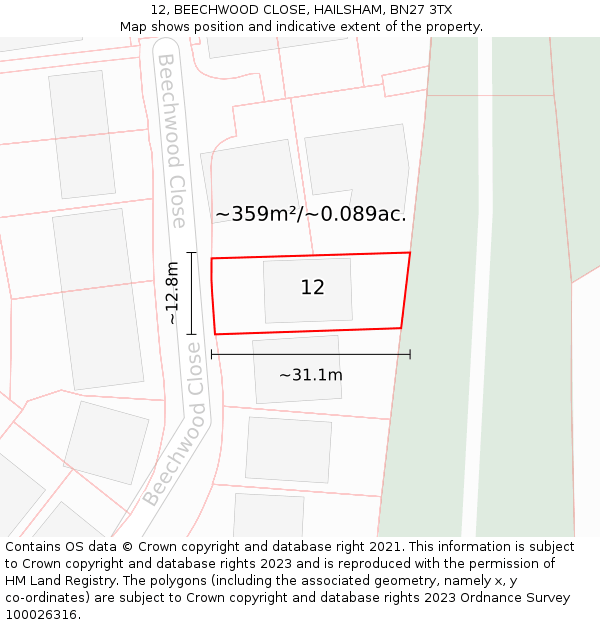 12, BEECHWOOD CLOSE, HAILSHAM, BN27 3TX: Plot and title map