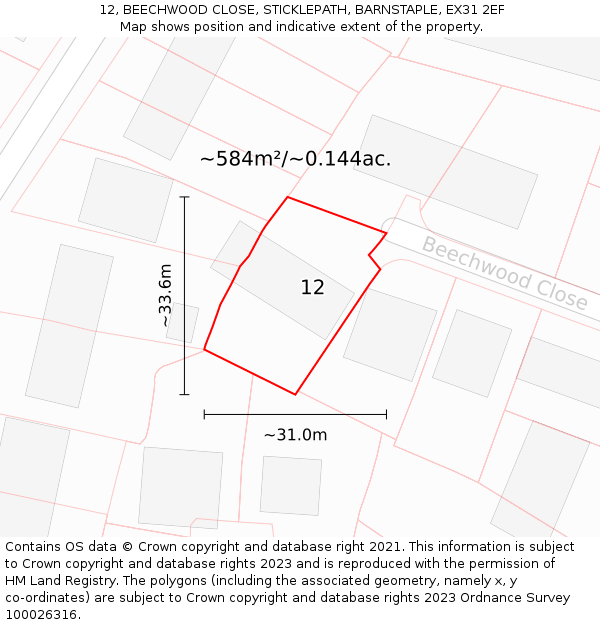 12, BEECHWOOD CLOSE, STICKLEPATH, BARNSTAPLE, EX31 2EF: Plot and title map