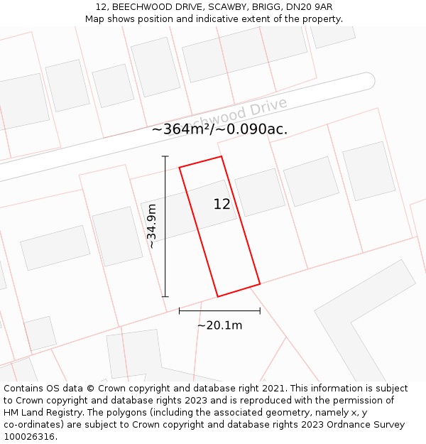12, BEECHWOOD DRIVE, SCAWBY, BRIGG, DN20 9AR: Plot and title map