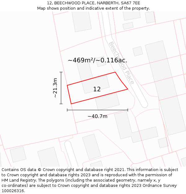 12, BEECHWOOD PLACE, NARBERTH, SA67 7EE: Plot and title map