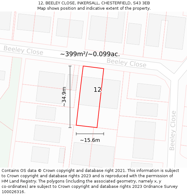12, BEELEY CLOSE, INKERSALL, CHESTERFIELD, S43 3EB: Plot and title map