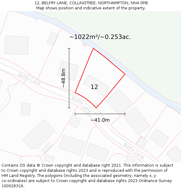 12, BELFRY LANE, COLLINGTREE, NORTHAMPTON, NN4 0PB: Plot and title map